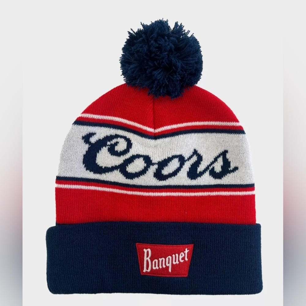 MAD Engine Men's Coors Beer Pom Beanie White/Blue/Red NWT